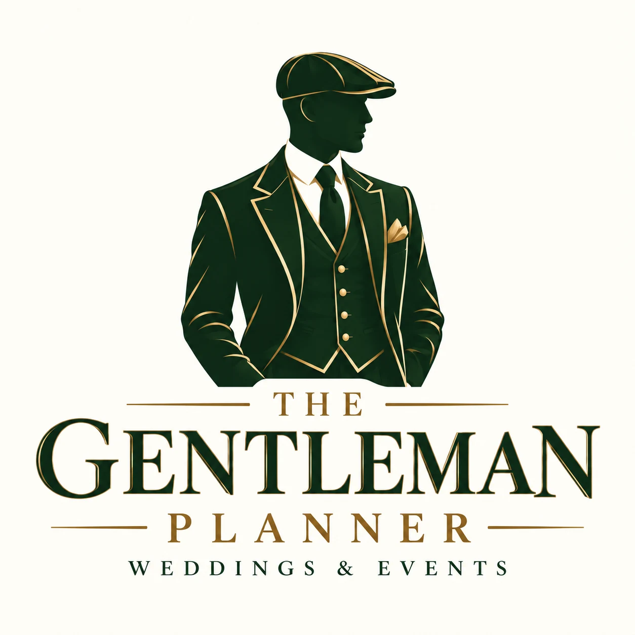 The Gentleman Planner Weddings & Events — original gentleman in a cap, forest green and antique gold